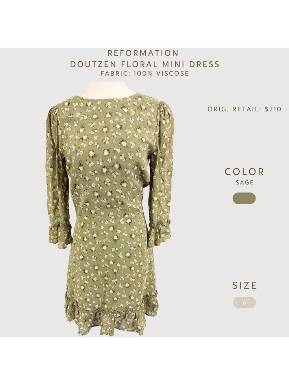Reformation Doutzen Floral Mini Dress Sage Size 6